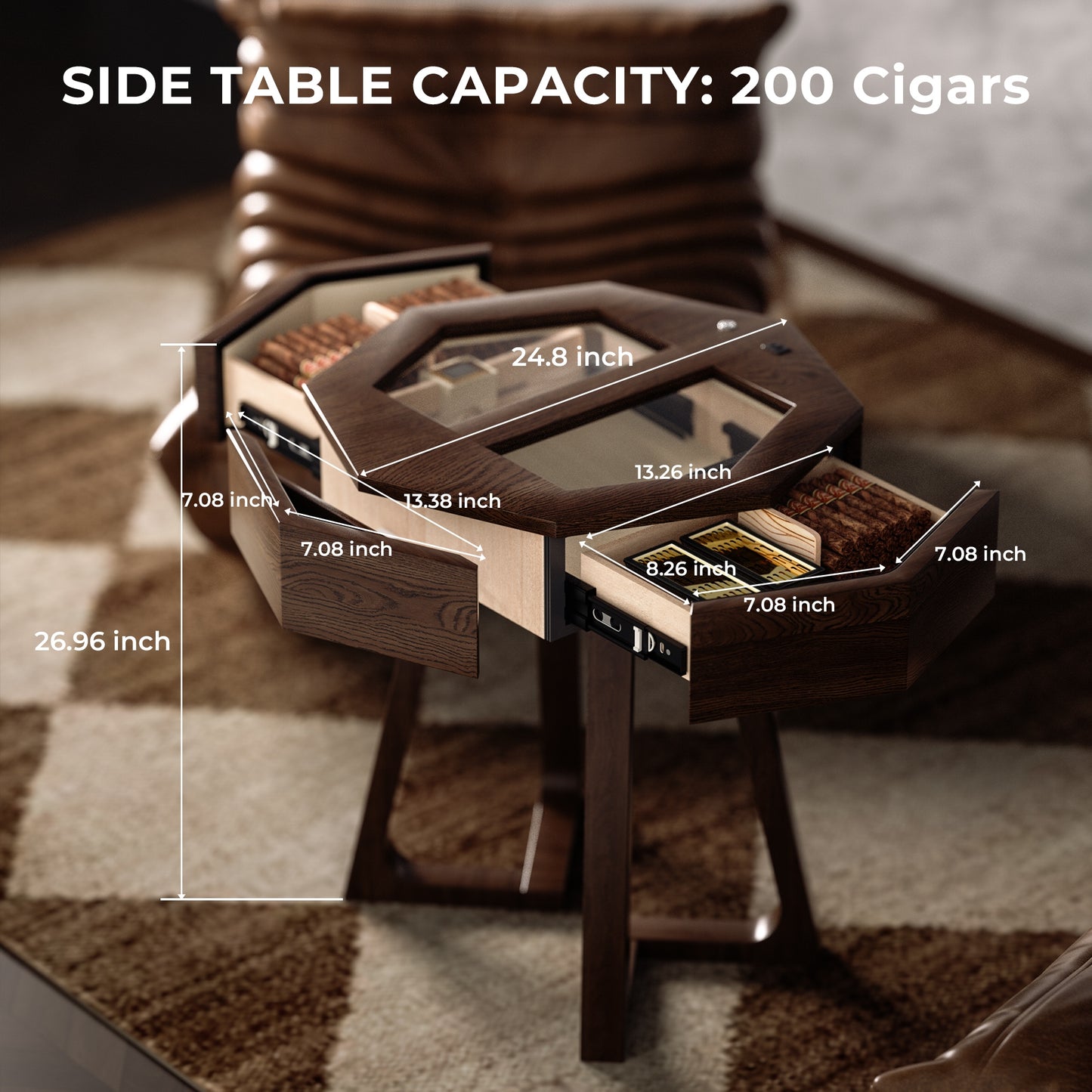 200-cigar capacity octagon humidor table with dimensions (26.96”H x 24.8”W), showcasing drawer sizes and overall footprint.