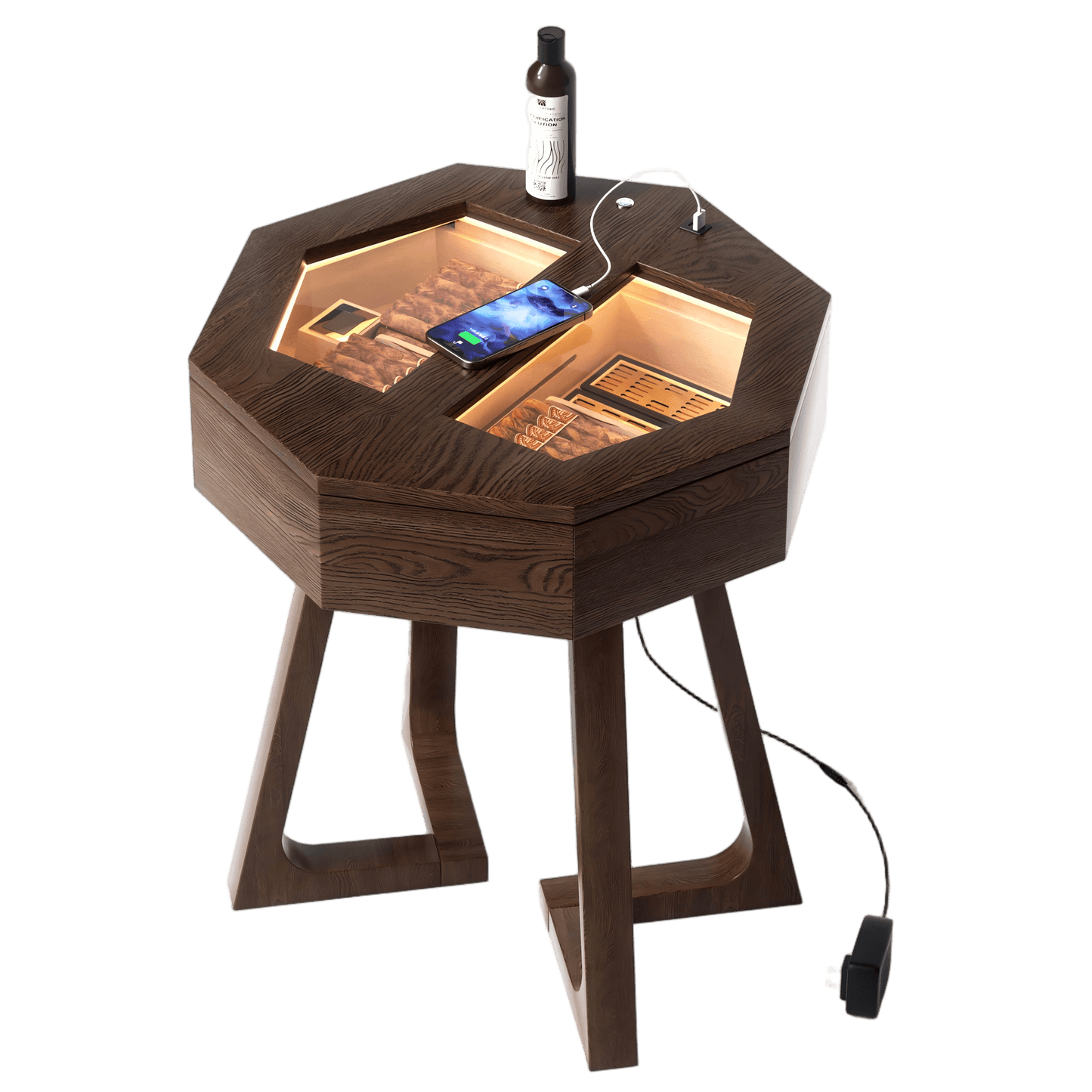Solid wood octagon cigar humidor table with LED lighting, USB/Type-C charging ports, and dual storage drawers for premium cigars.