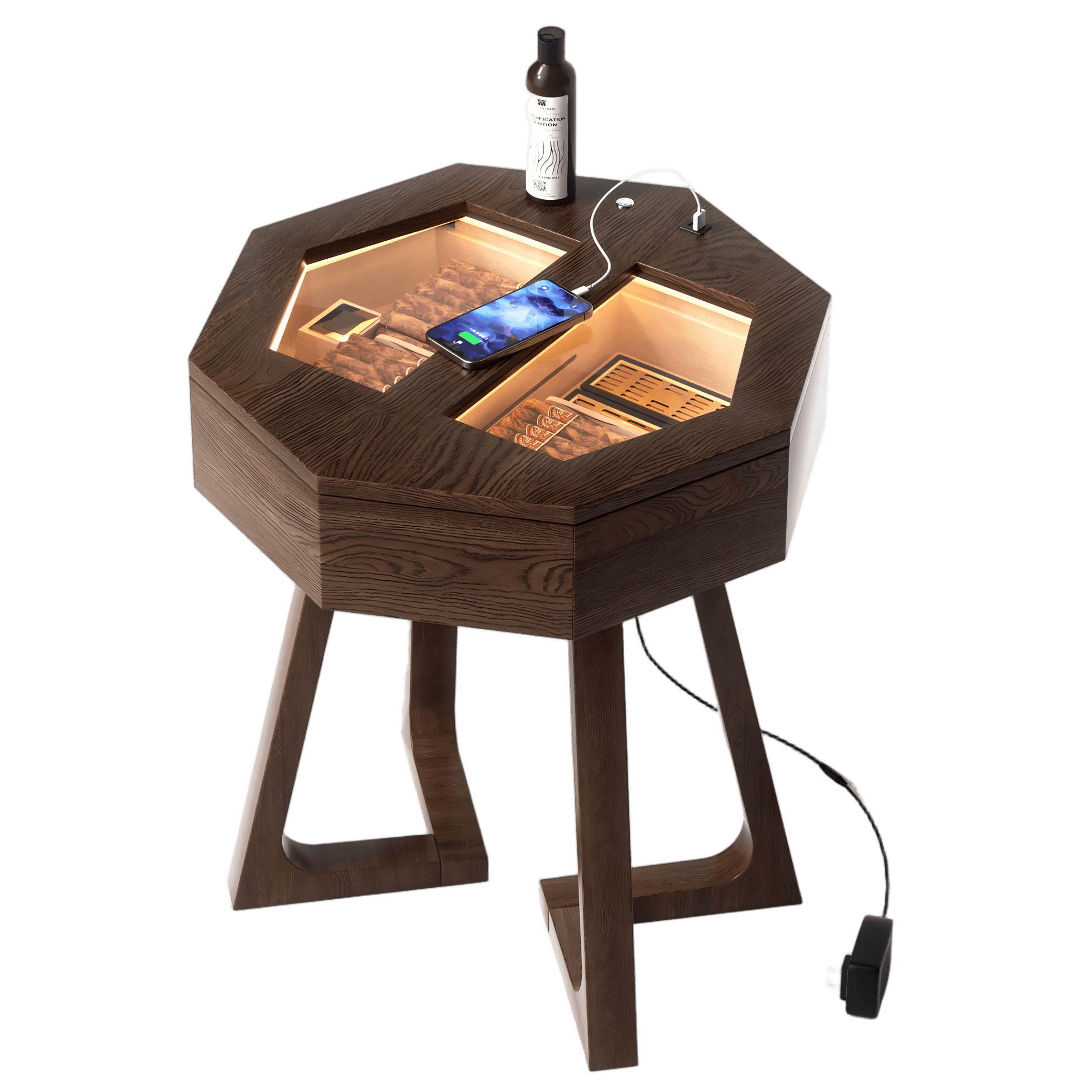 Solid wood octagon cigar humidor table with LED lighting, USB/Type-C charging ports, and dual storage drawers for premium cigars.