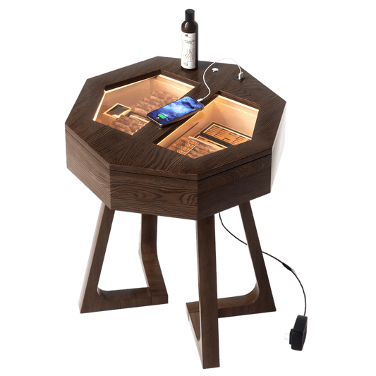Solid wood octagon cigar humidor table with LED lighting, USB/Type-C charging ports, and dual storage drawers for premium cigars.