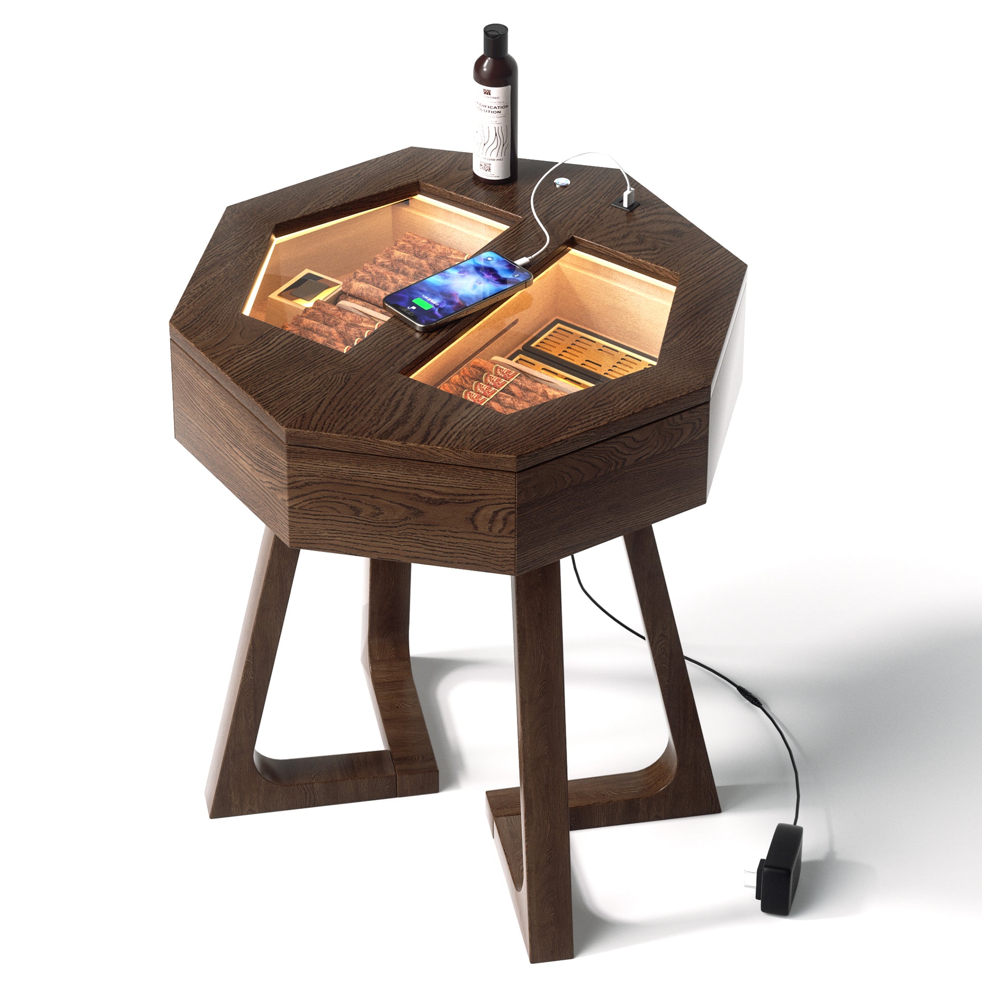 Solid wood octagon cigar humidor table with LED lighting, USB/Type-C charging ports, and dual storage drawers for premium cigars.