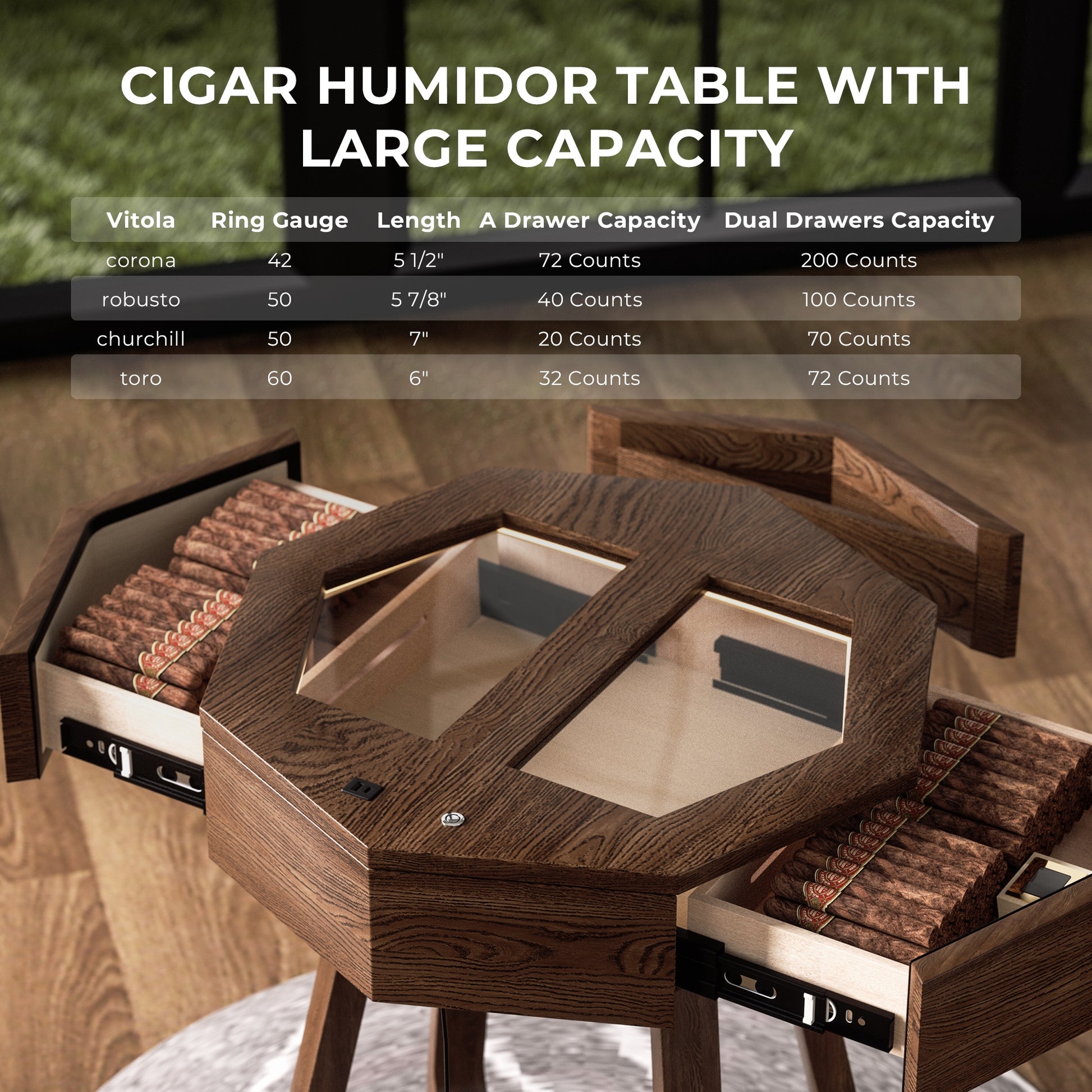 Dual-drawer cigar humidor table with capacity chart, showing storage counts for different cigar vitolas (corona, robusto, etc.).