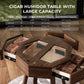 Dual-drawer cigar humidor table with capacity chart, showing storage counts for different cigar vitolas (corona, robusto, etc.).