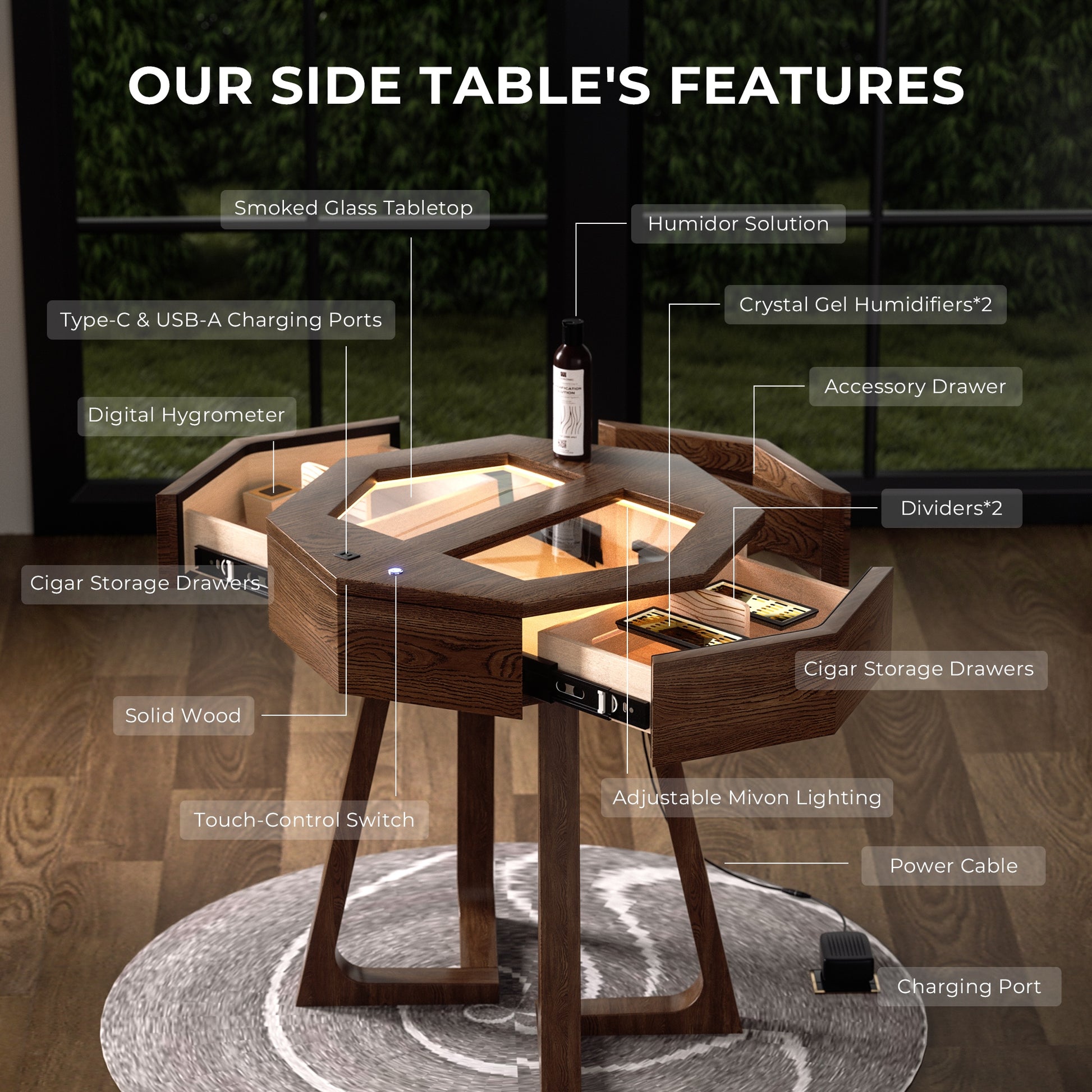 Feature breakdown: smoked glass top, digital hygrometer, crystal gel humidifiers, touch lighting, charging ports, and solid wood construction.