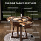 Feature breakdown: smoked glass top, digital hygrometer, crystal gel humidifiers, touch lighting, charging ports, and solid wood construction.