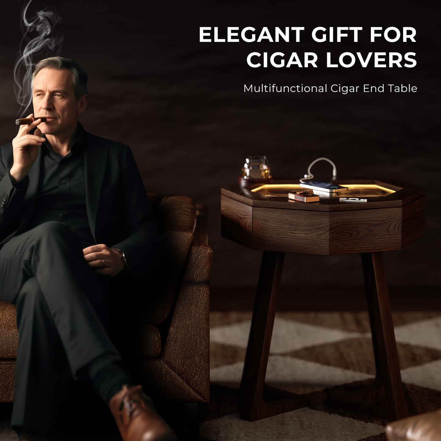 Sophisticated man enjoying a cigar beside the humidor table, positioning it as an elegant gift for cigar enthusiasts.
