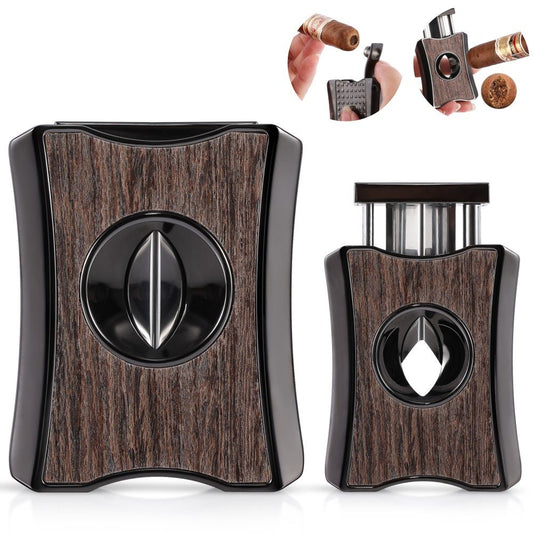 2-in-1 wenge wood inlay cigar cutter featuring V-cut and 8mm punch cut functions, black metal frame, product display with usage demo insets for cigar enthusiasts.