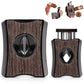 2-in-1 wenge wood inlay cigar cutter featuring V-cut and 8mm punch cut functions, black metal frame, product display with usage demo insets for cigar enthusiasts.