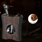 Wenge wood cigar punch cutter with retractable 8mm punch bit, sample of neatly punched cigar cap, moody gentleman’s lounge background.