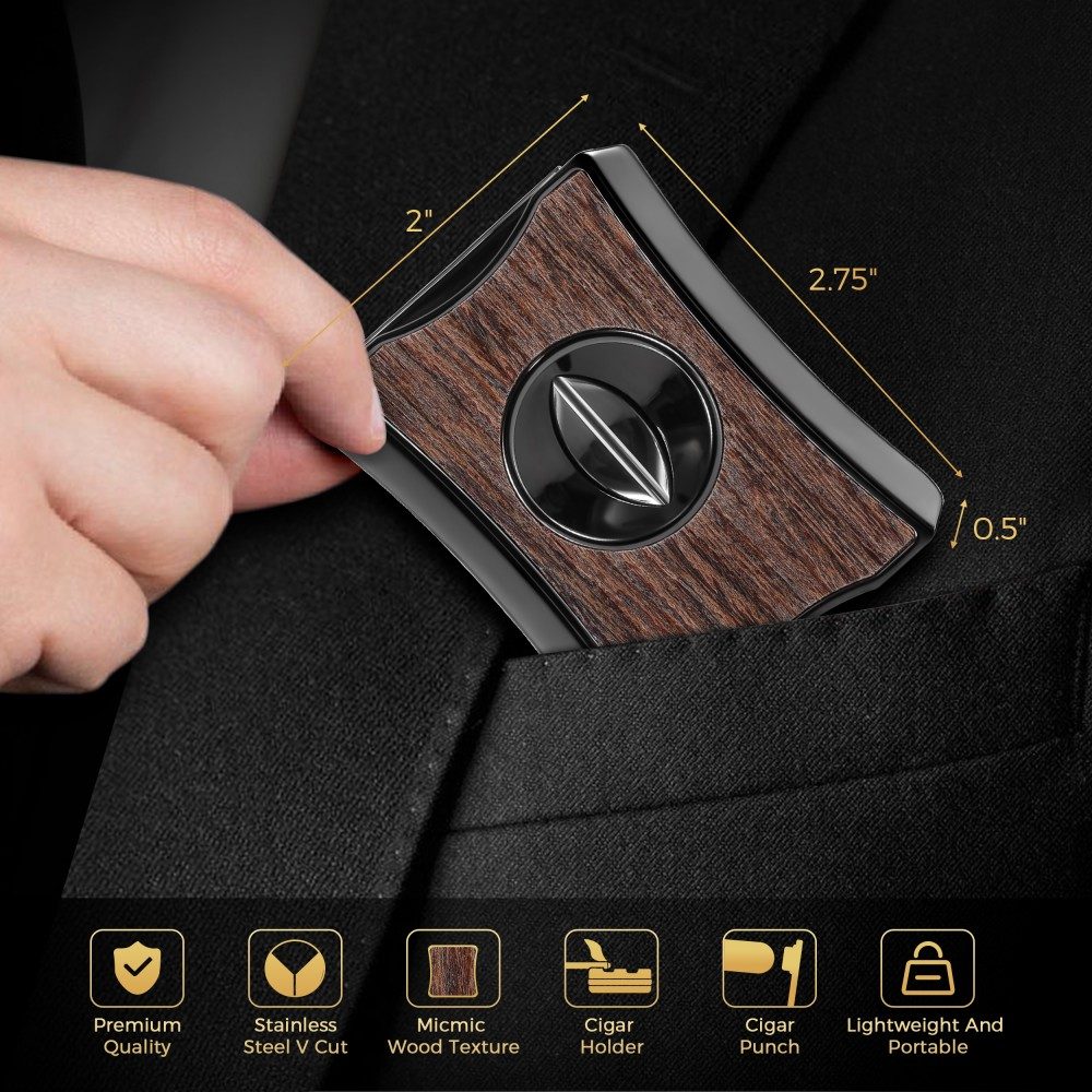 Portable wenge wood inlay 2-in-1 cigar V-cut and punch cutter tucked into suit pocket, labeled dimension diagram with feature icons: stainless steel blade, lightweight pocket-friendly design for cigar lovers.