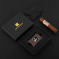 Woodronic branded premium gift box containing wenge wood dual cigar cutter, matching black leather travel pouch, paired with a luxury cigar for gifting to cigar lovers.