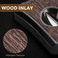 Extreme close-up of the wenge wood grain inlay on the cigar cutter’s front panel, highlighting natural striped wood texture and polished stainless steel V-cut blade.