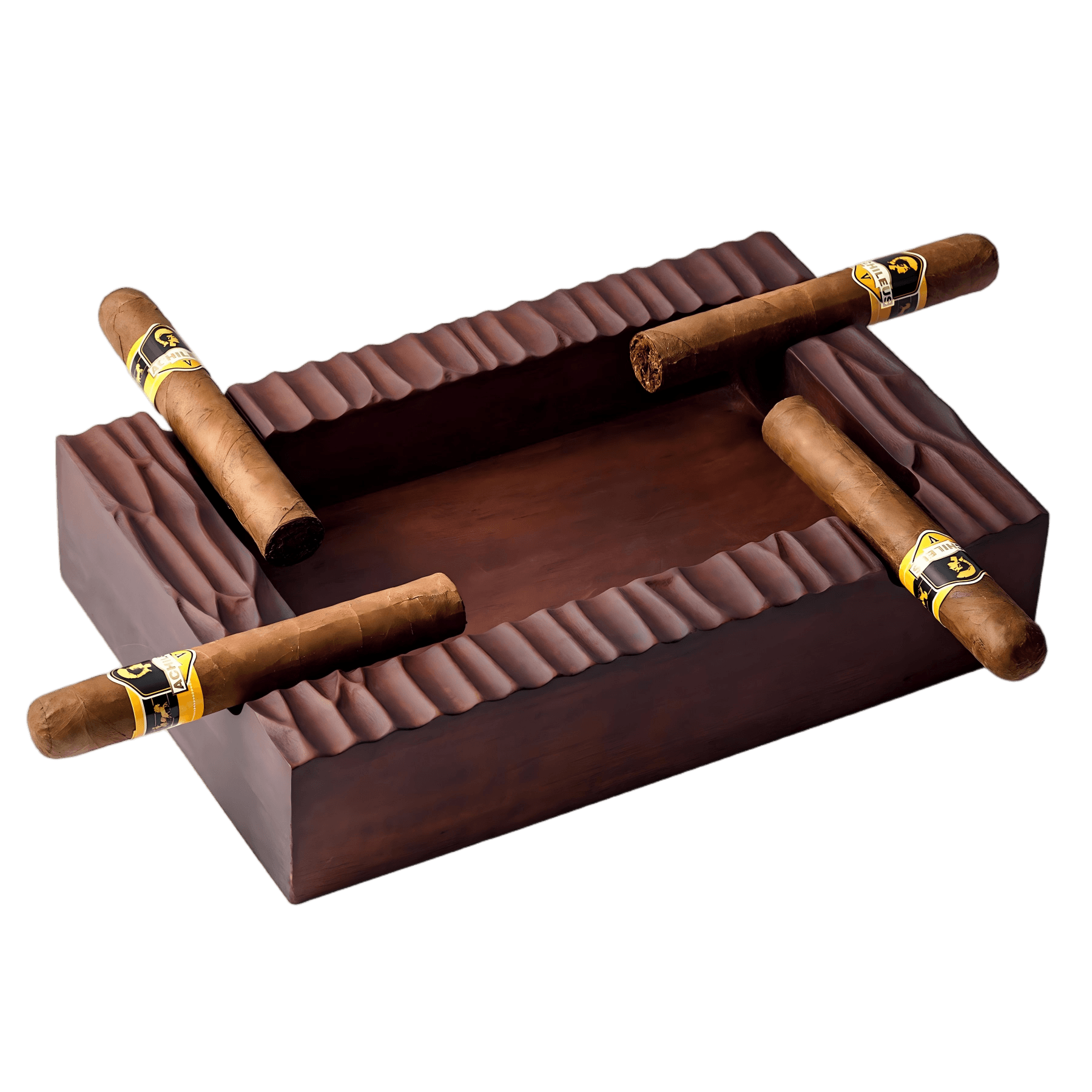 Rectangular solid walnut cigar ashtray with 4 cigar slots and hand-carved texture, holding premium cigars.
