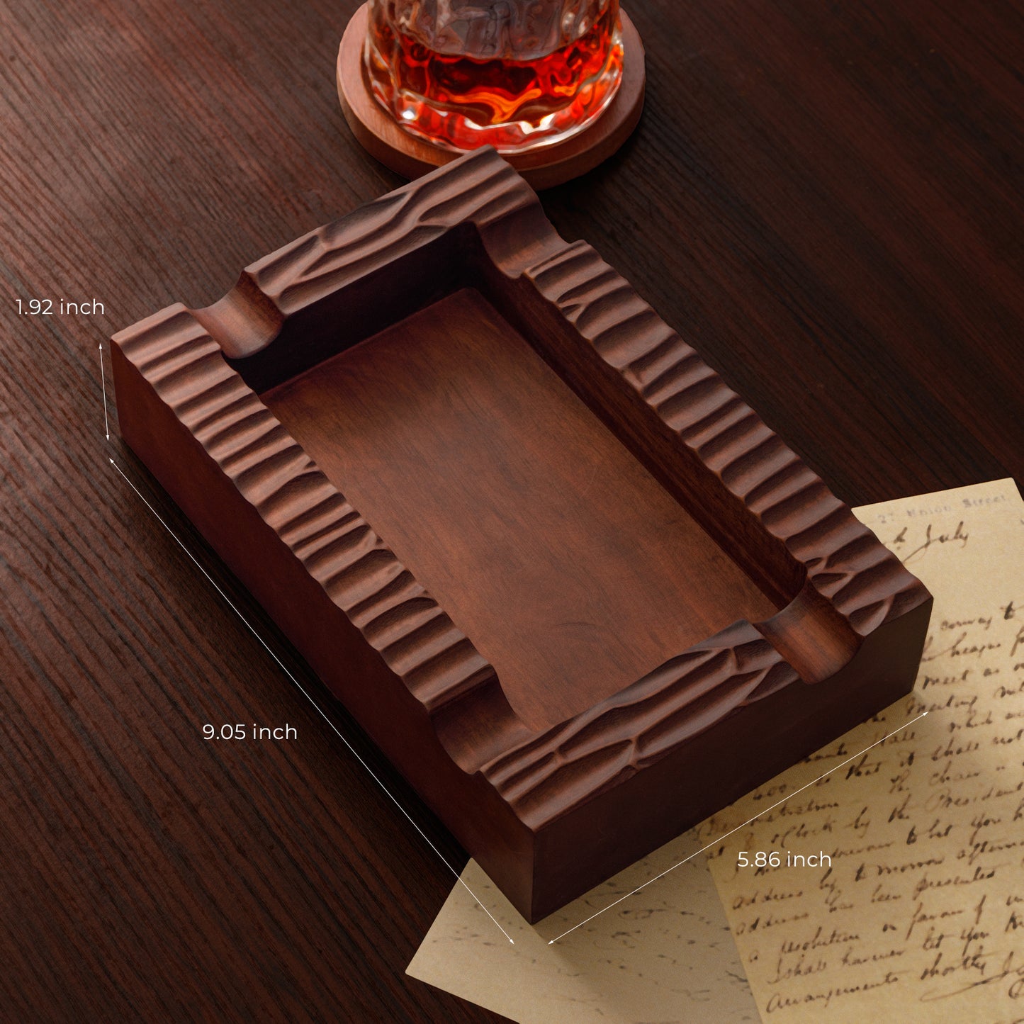 Rectangular cigar ashtray dimensions: 9.05" L x 5.86" W x 1.92" H, ideal for tabletop use.