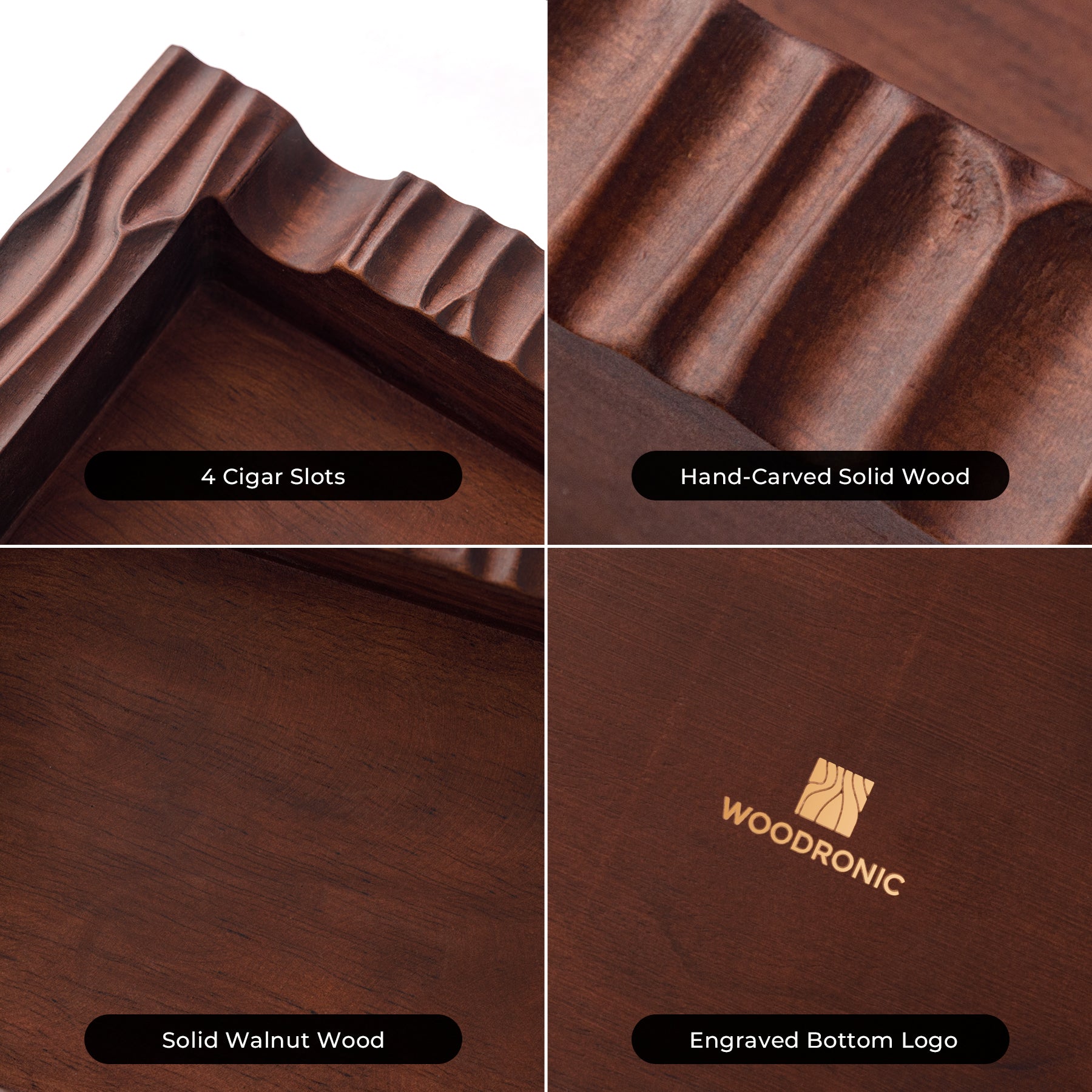 Key features: 4 cigar slots, hand-carved solid walnut wood, smooth interior, and engraved bottom logo.