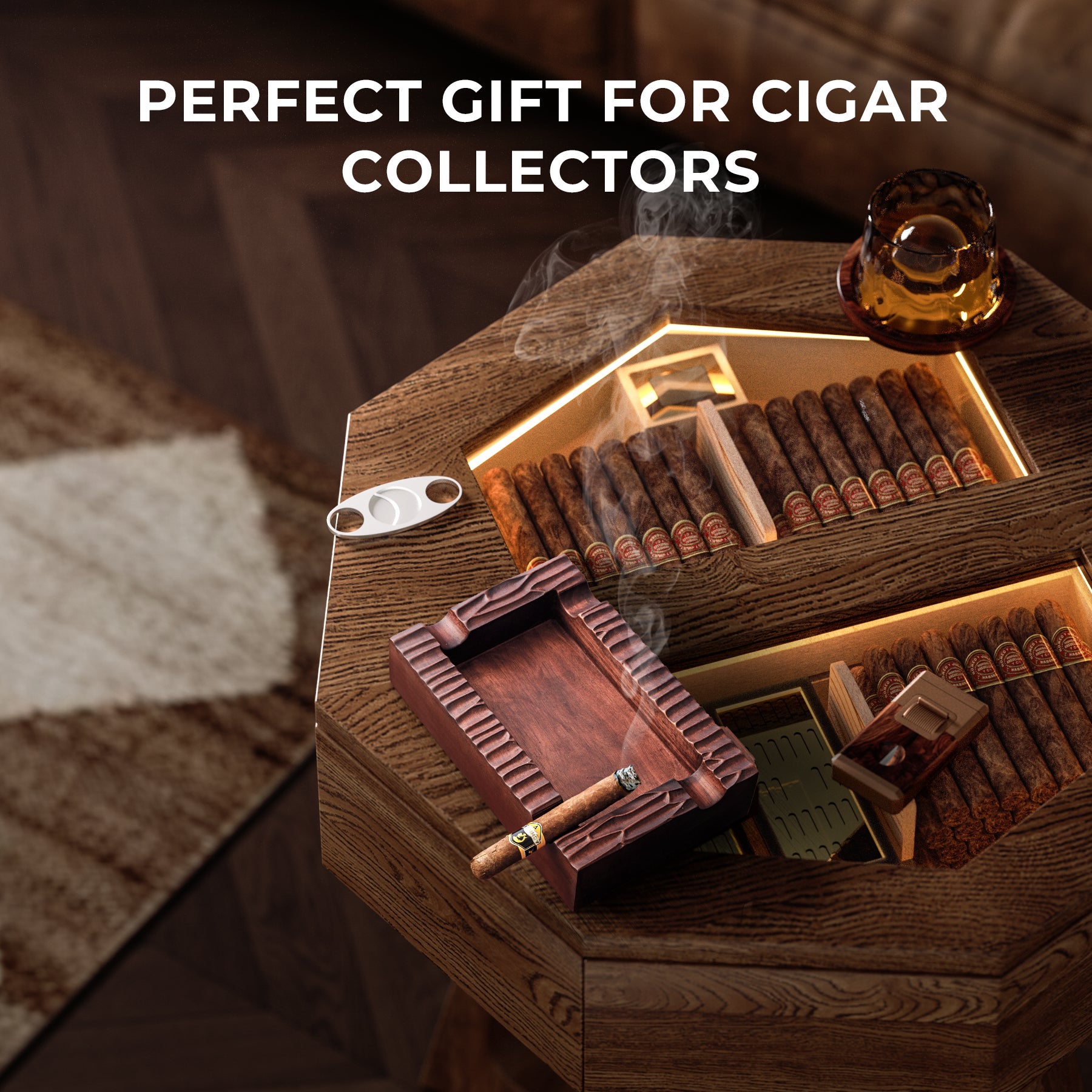 Walnut ashtray placed beside a luxury humidor, positioned as a perfect gift for cigar collectors.