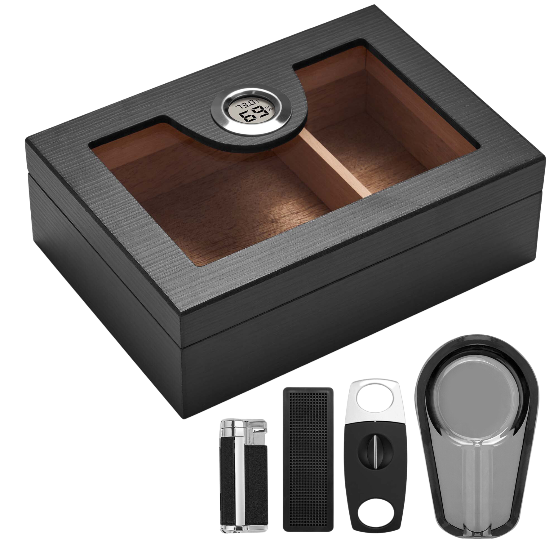 Black wood cigar humidor with transparent acrylic top, digital hygrometer, and complete accessory set (lighter, cutter, ashtray, humidifier).