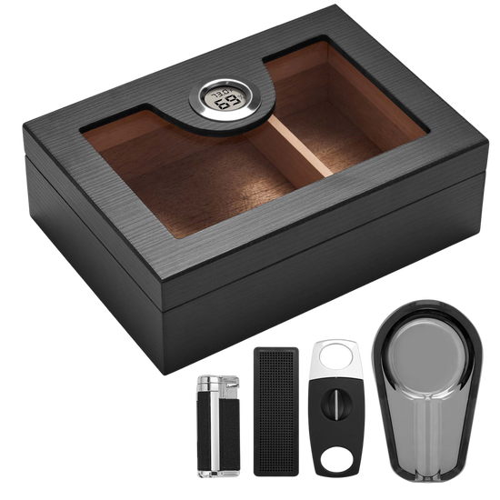 Black wood cigar humidor with transparent acrylic top, digital hygrometer, and complete accessory set (lighter, cutter, ashtray, humidifier).