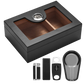 Black wood cigar humidor with transparent acrylic top, digital hygrometer, and complete accessory set (lighter, cutter, ashtray, humidifier).