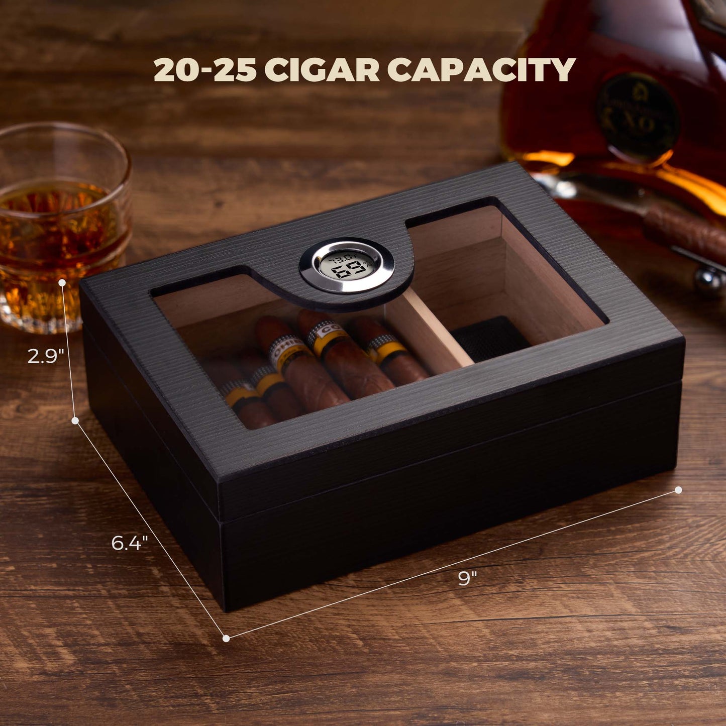 20-25 cigar capacity humidor with dimensions 9x6.4x2.9 inches, featuring a removable divider for organized storage.