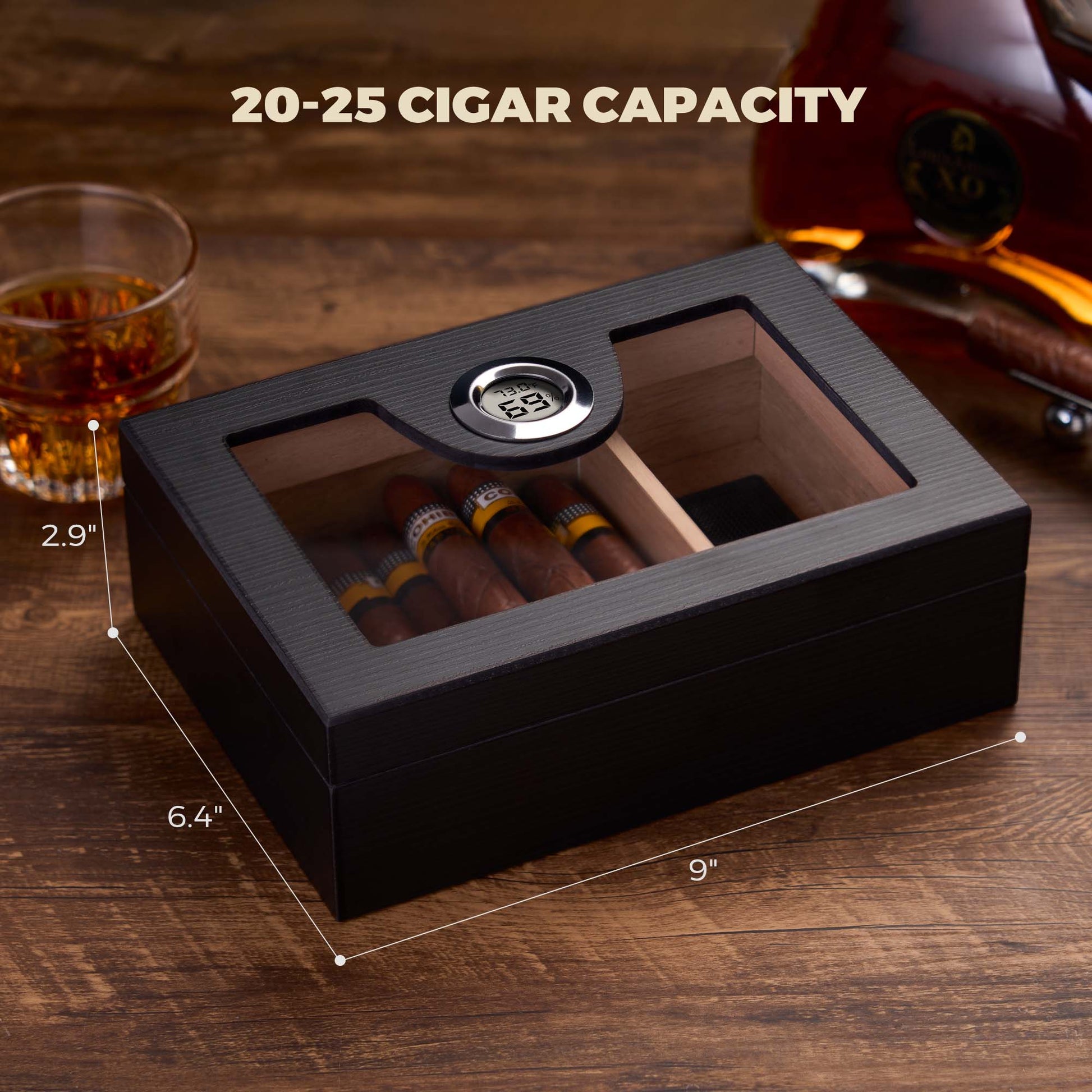 20-25 cigar capacity humidor with dimensions 9x6.4x2.9 inches, featuring a removable divider for organized storage.