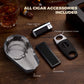 Complete set of cigar accessories: lighter, double-guillotine cutter, crystal ashtray, and foam humidifier, included with the humidor.