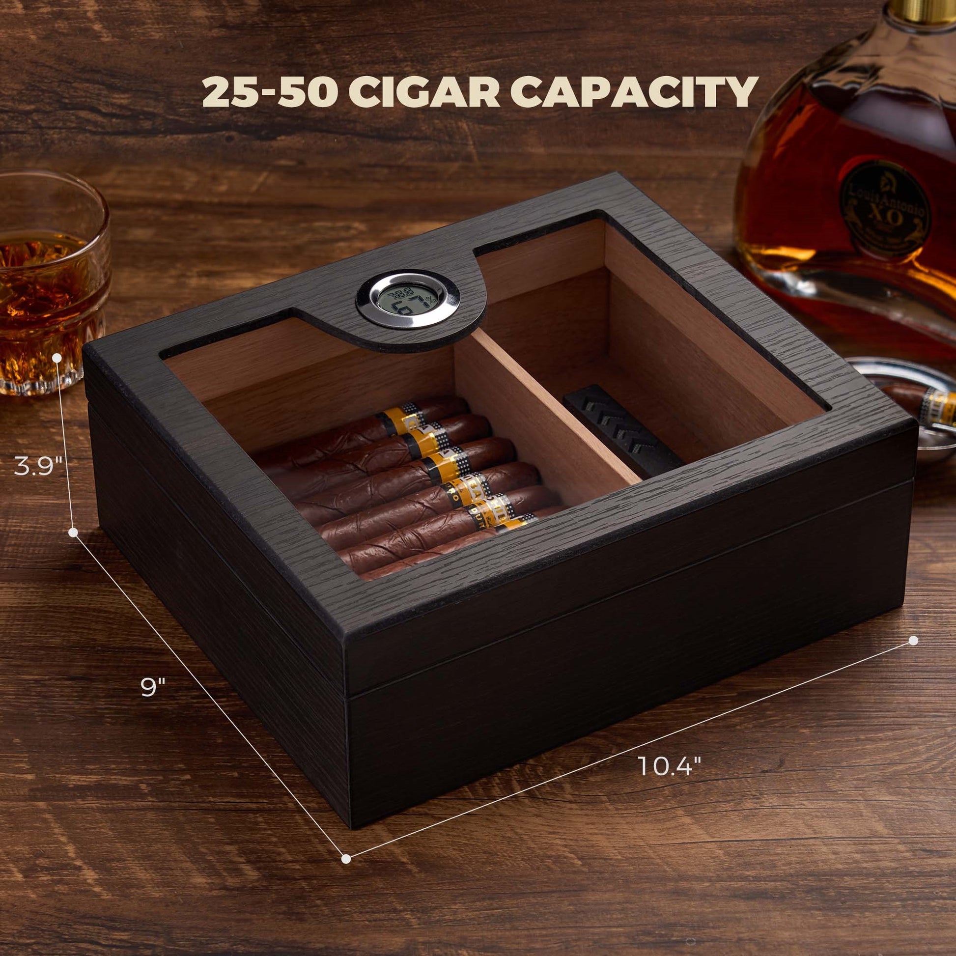 25-50 cigar capacity humidor with dimensions 10.4x9x3.9 inches, featuring a removable divider for flexible storage.