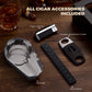Complete set of cigar accessories: lighter, double-guillotine cutter, crystal ashtray, and foam humidifier, included with the humidor.