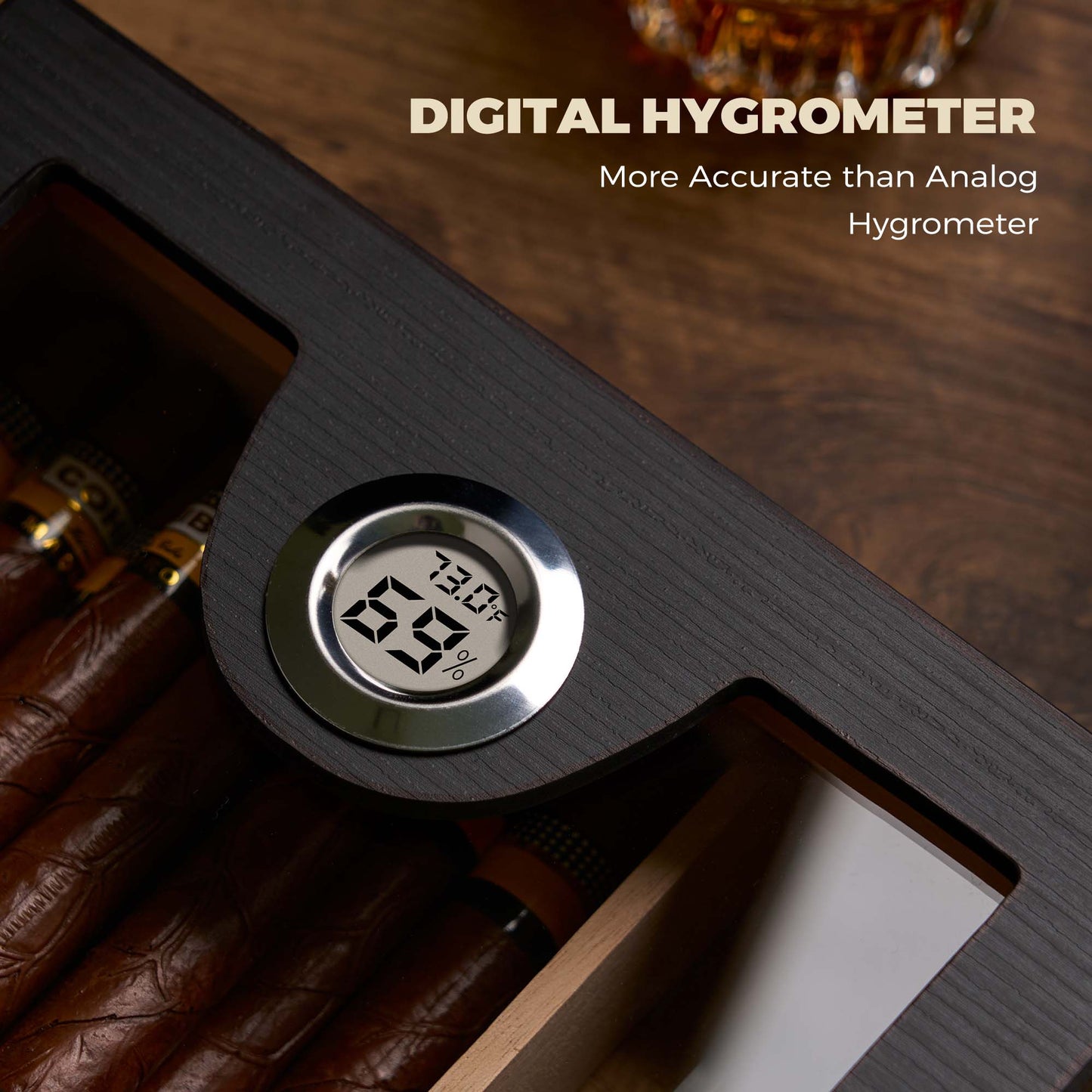 Precise digital hygrometer (more accurate than analog) displays real-time humidity and temperature for optimal cigar storage.