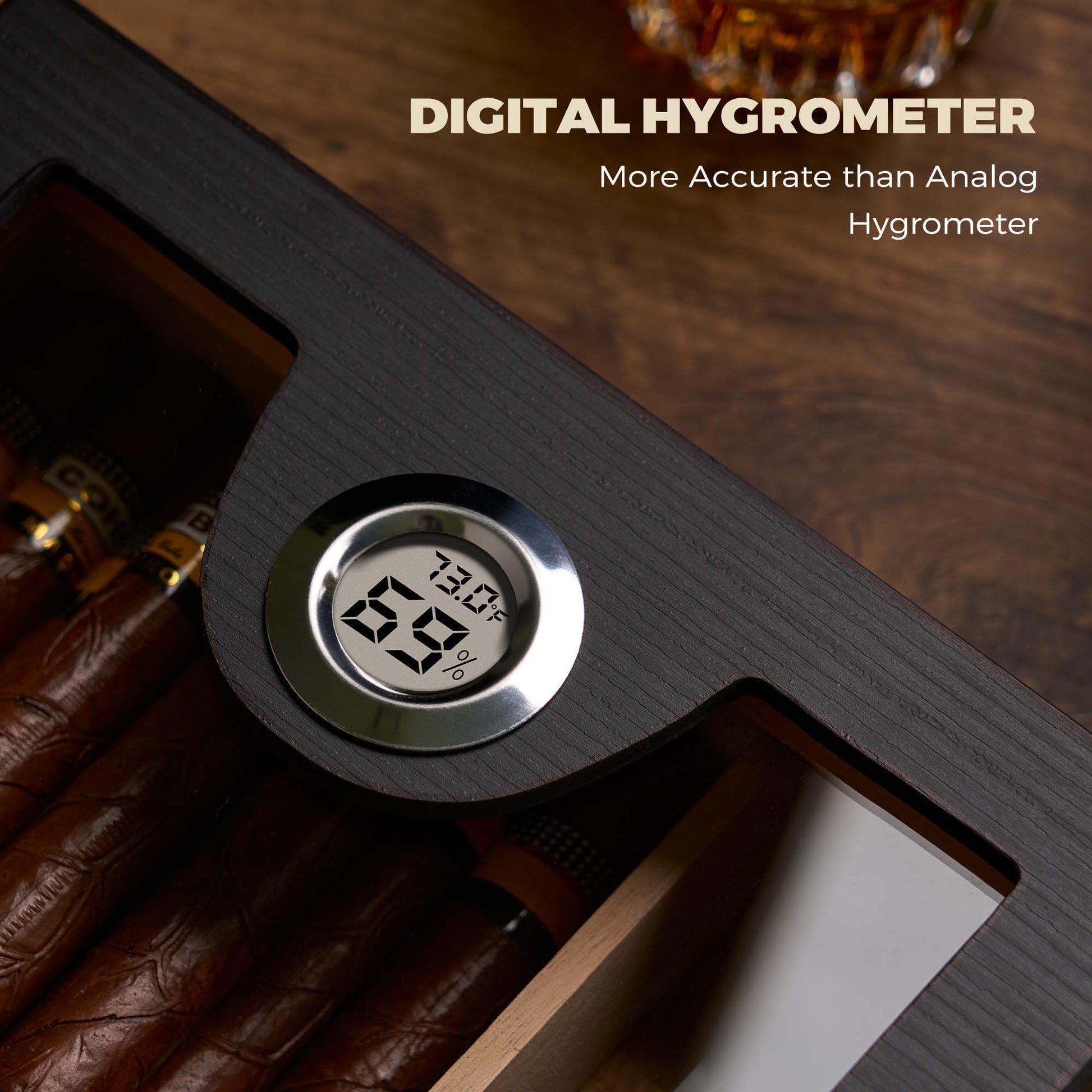 Precise digital hygrometer (more accurate than analog) displays real-time humidity and temperature for optimal cigar storage.