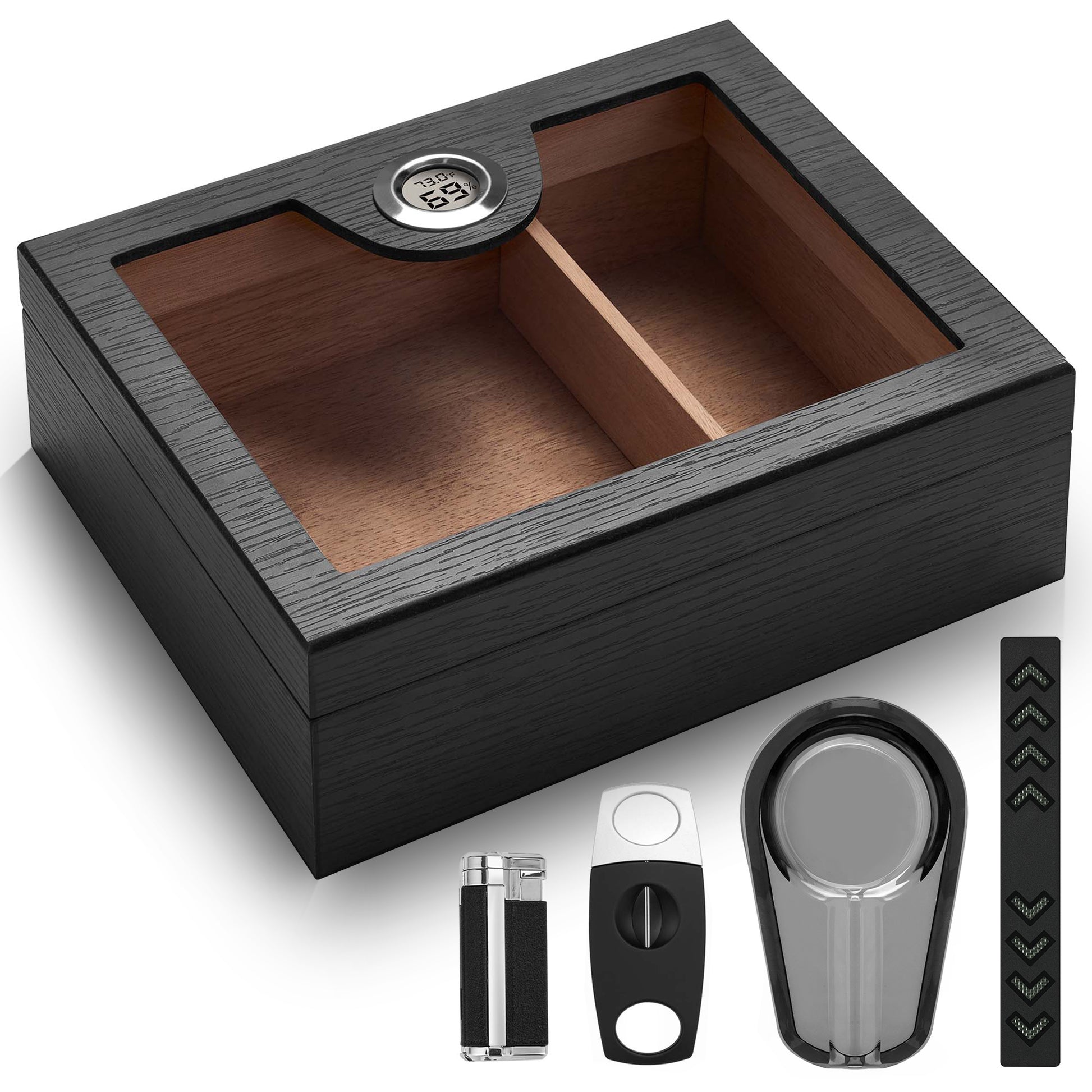 Black wood cigar humidor with acrylic top, digital hygrometer, and complete accessory set (lighter, cutter, ashtray, humidifier).