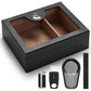 Black wood cigar humidor with acrylic top, digital hygrometer, and complete accessory set (lighter, cutter, ashtray, humidifier).