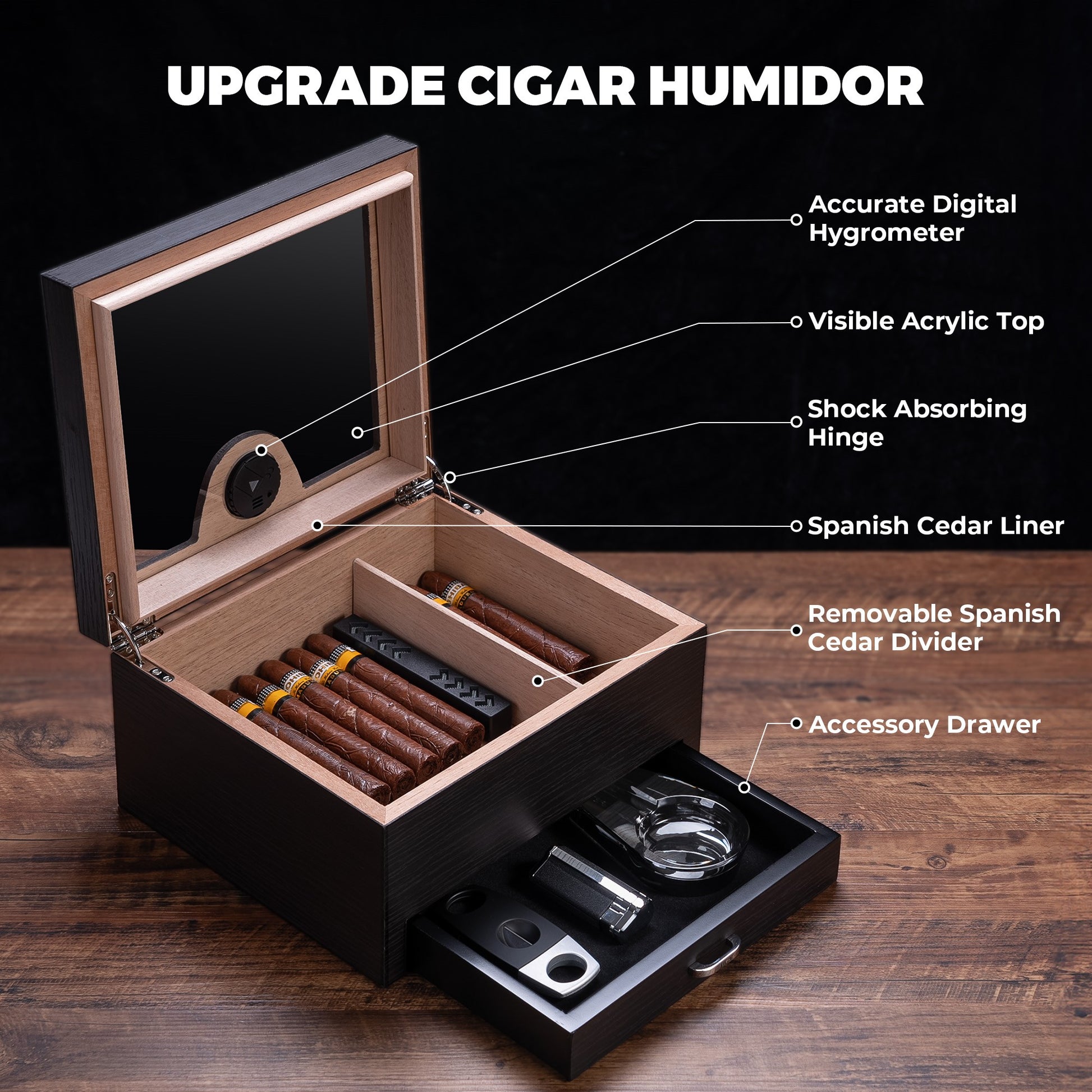 Black wood cigar humidor with digital hygrometer, acrylic top, Spanish cedar liner, divider, and accessory drawer, showcasing premium storage features.