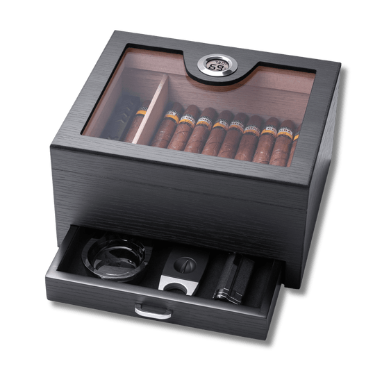 Closed humidor with transparent acrylic top, digital hygrometer, and pull-out accessory drawer, ideal for 25-50 cigar storage.