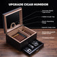 Black wood cigar humidor with digital hygrometer, acrylic top, Spanish cedar liner, divider, and accessory drawer, showcasing premium storage features.