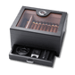 Closed humidor with transparent acrylic top, digital hygrometer, and pull-out accessory drawer, ideal for 25-50 cigar storage.