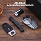 Complete set of cigar accessories: cutter, lighter, crystal ashtray, and foam humidifier, included with the humidor.