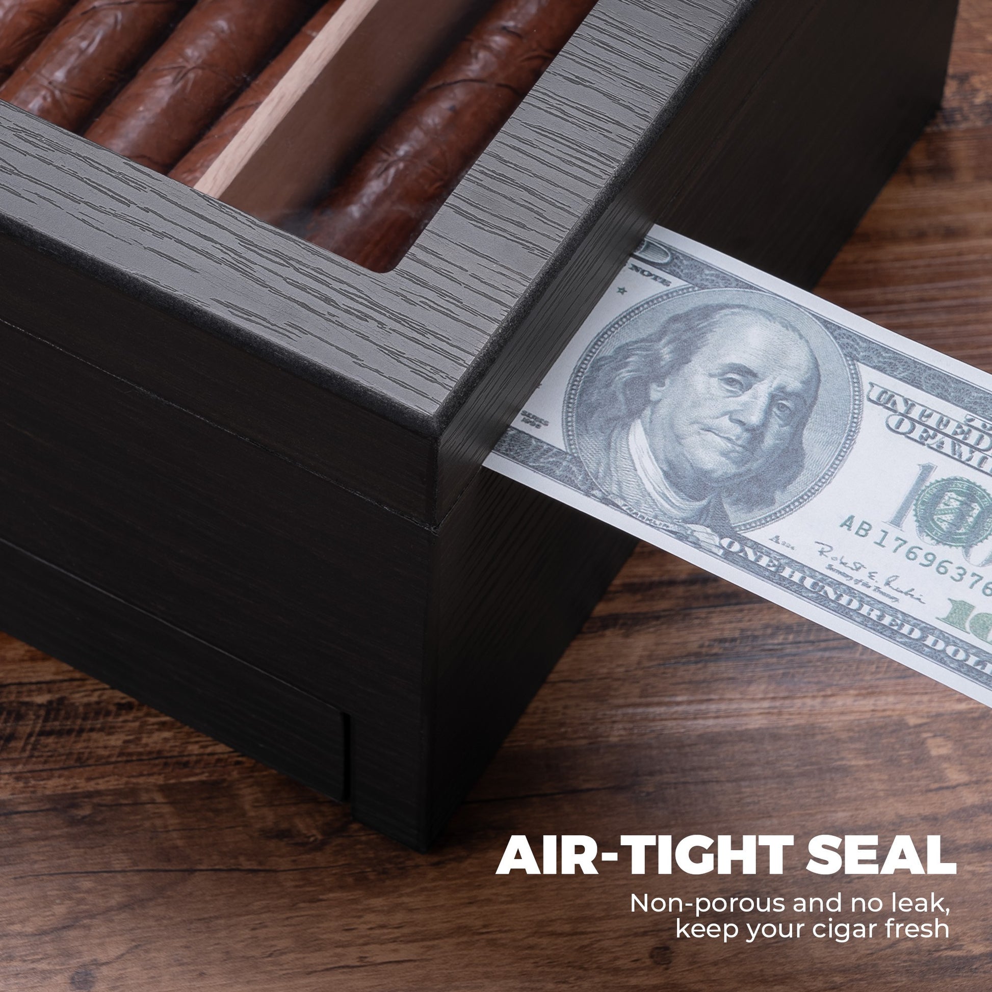 Air-tight seal demonstration: non-porous design prevents leaks, maintaining optimal humidity to keep cigars fresh.