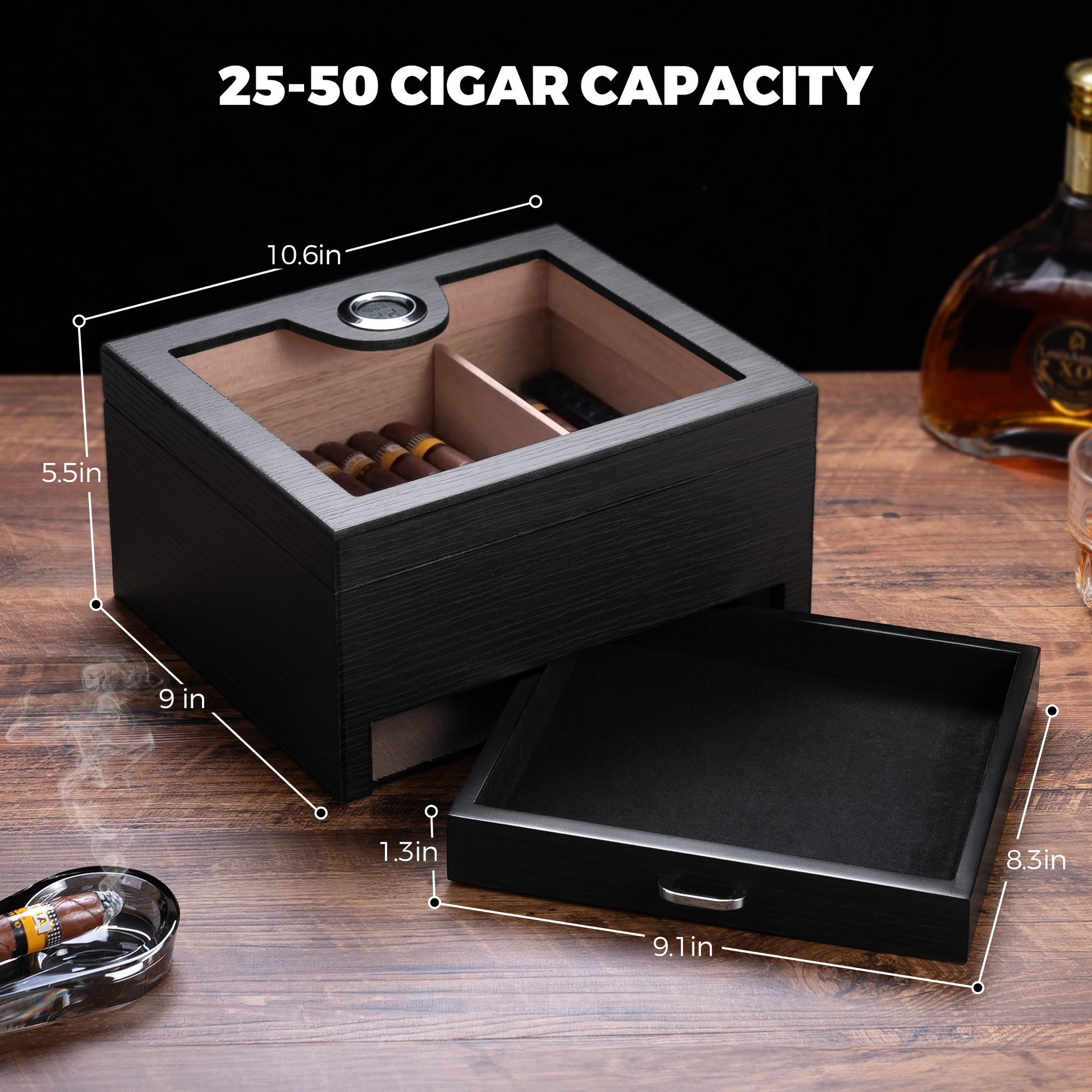 25-50 cigar capacity humidor with dimensions 10.6x9x5.5 inches, featuring removable divider and accessory drawer.