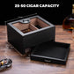 25-50 cigar capacity humidor with dimensions 10.6x9x5.5 inches, featuring removable divider and accessory drawer.