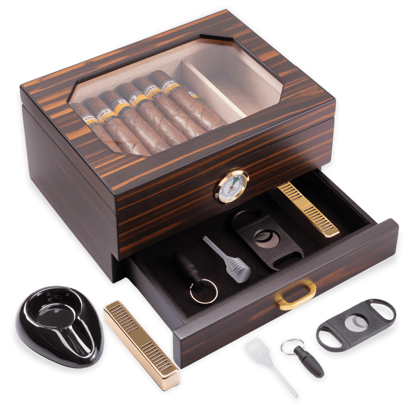 Ebony wood cigar humidor with transparent glass top, analog hygrometer, and complete accessory set (cutter, ashtray, punch, etc.).