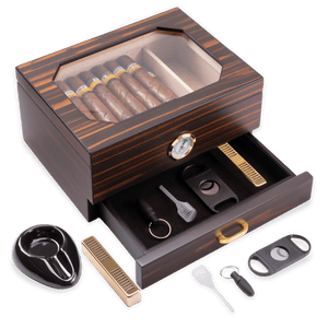 Ebony wood cigar humidor with transparent glass top, analog hygrometer, and complete accessory set (cutter, ashtray, punch, etc.).