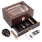 Ebony wood cigar humidor with transparent glass top, analog hygrometer, and complete accessory set (cutter, ashtray, punch, etc.).