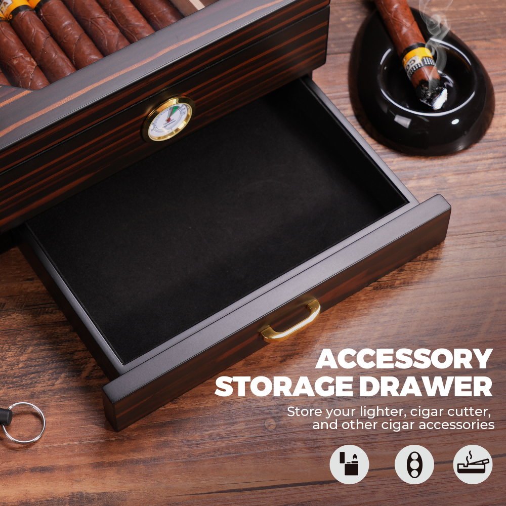 Spacious accessory drawer with soft lining, ideal for storing cigar lighters, cutters, and other essentials.