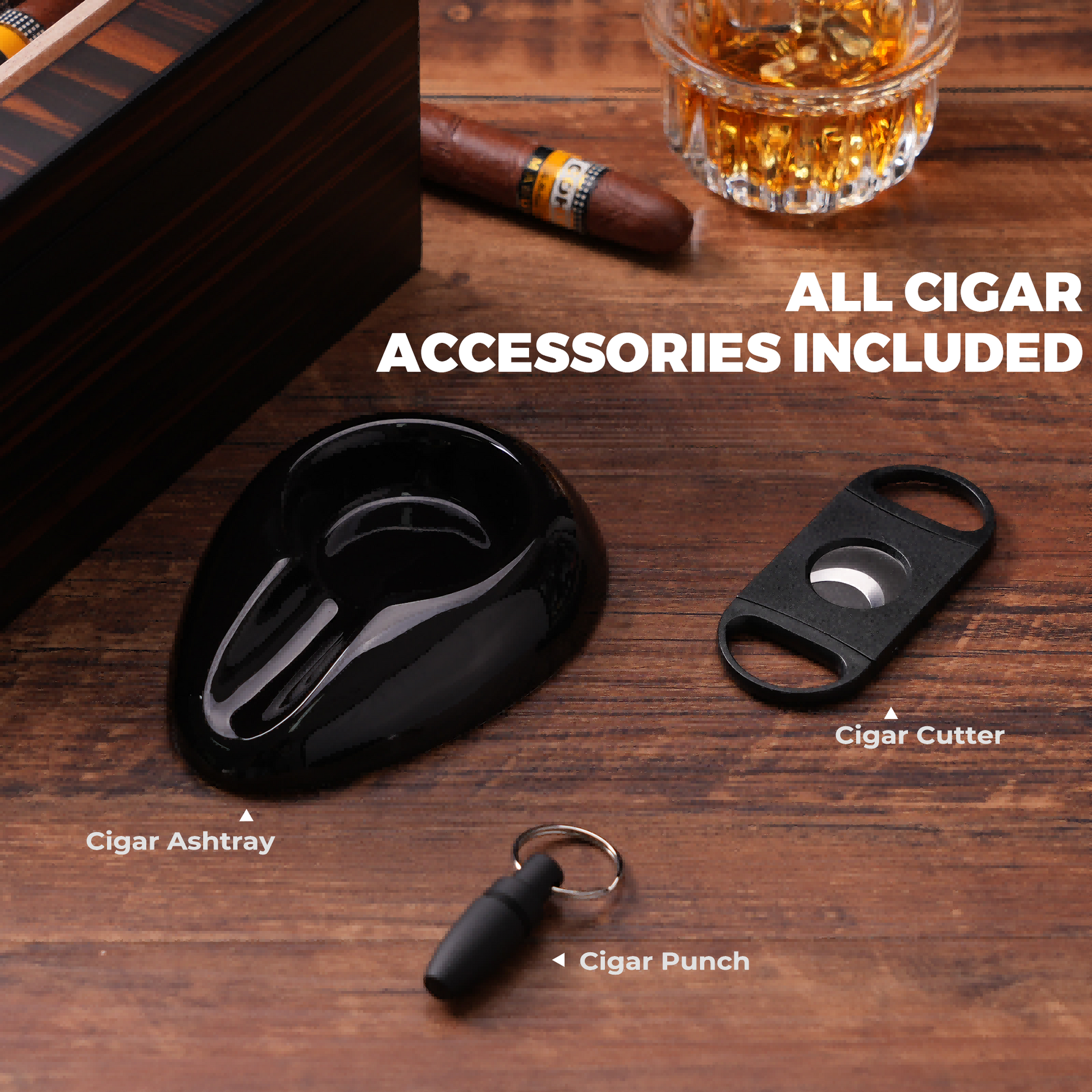 Complete set of cigar accessories: ashtray, cutter, punch, dropper, and humidifier, included with the humidor.