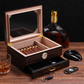 Open humidor with Spanish cedar interior, displayed with premium cigars and whiskey for elegant home decor.
