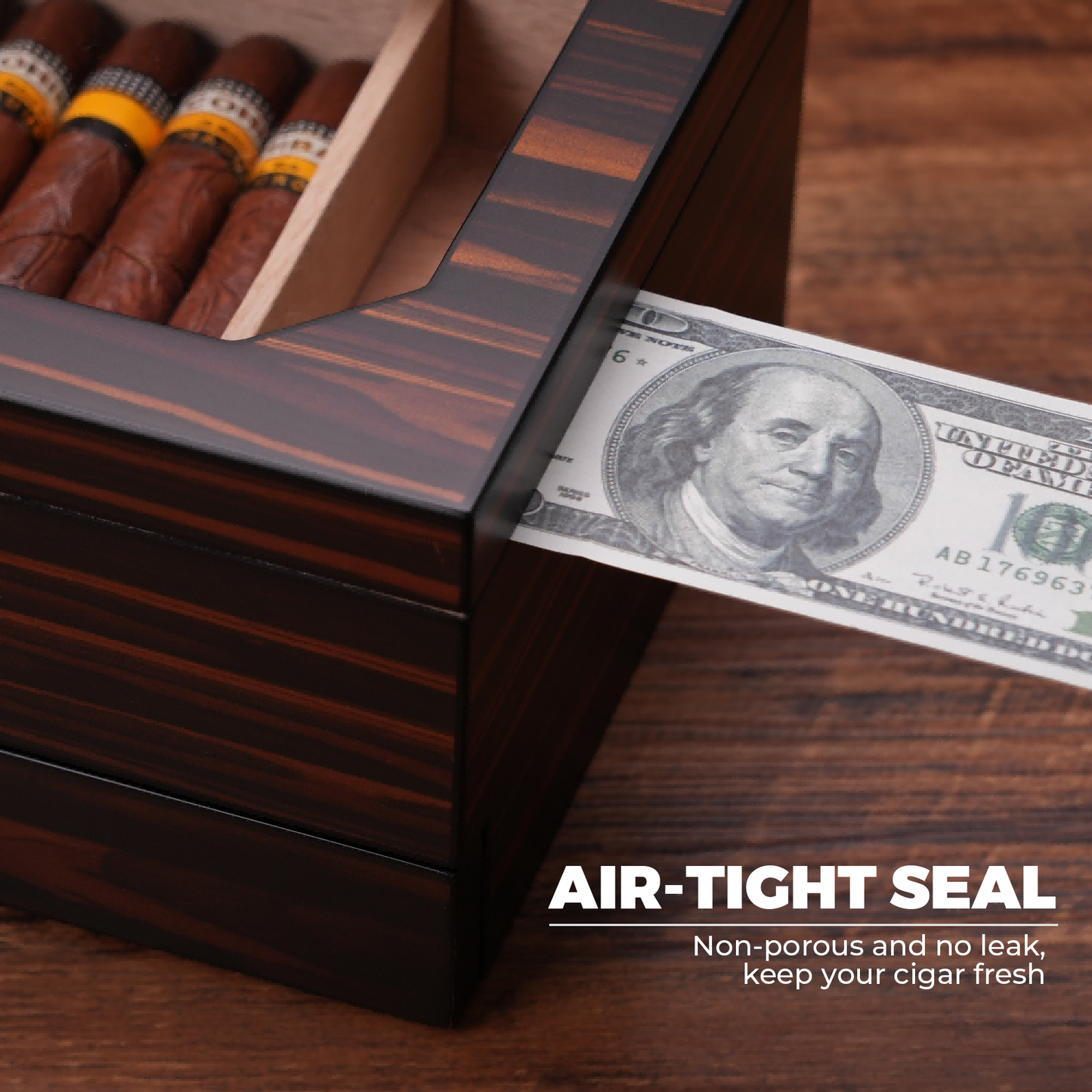 Air-tight seal demonstration: non-porous design prevents leaks, maintaining optimal humidity to keep cigars fresh.