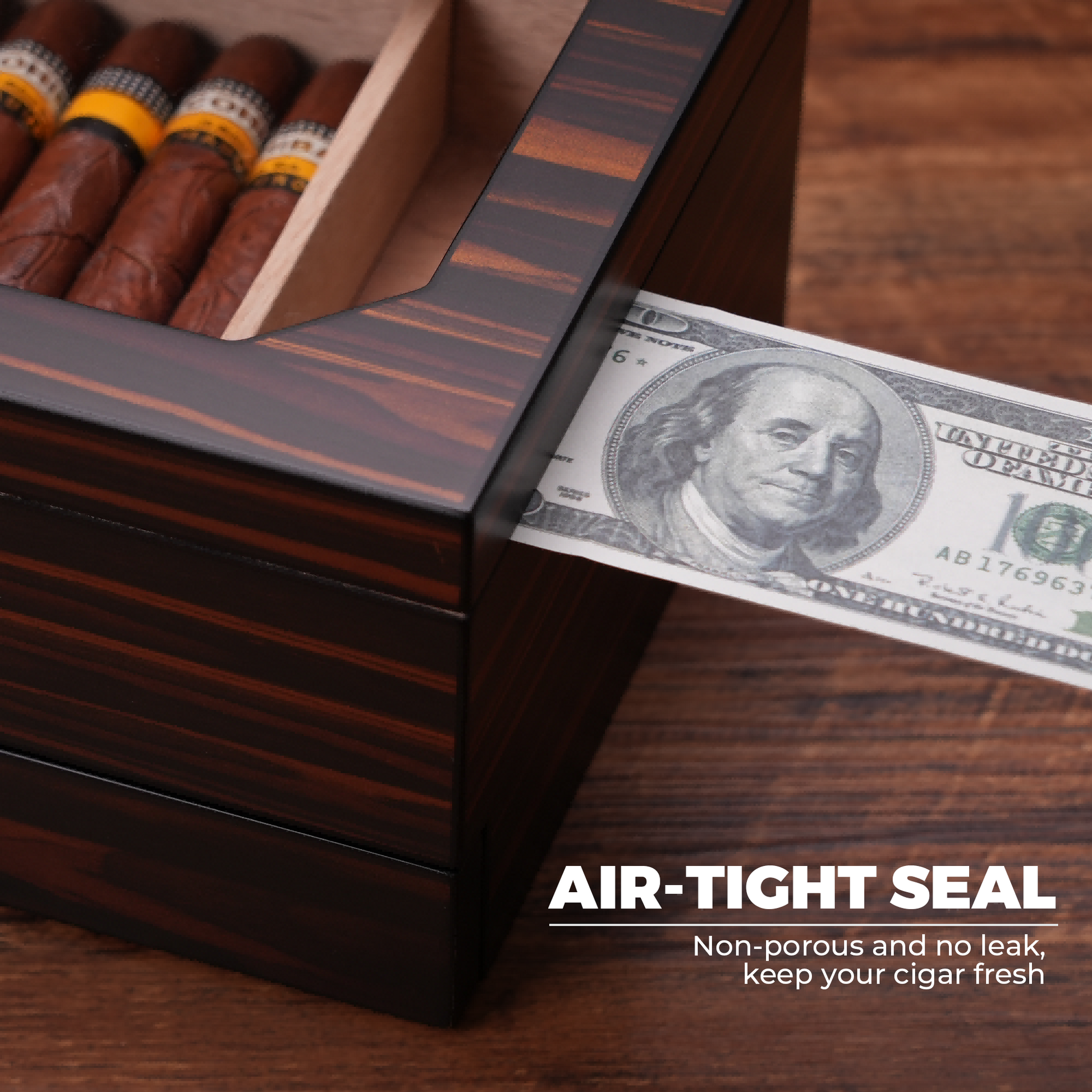 Air-tight seal demonstration: non-porous design prevents leaks, maintaining optimal humidity to keep cigars fresh.