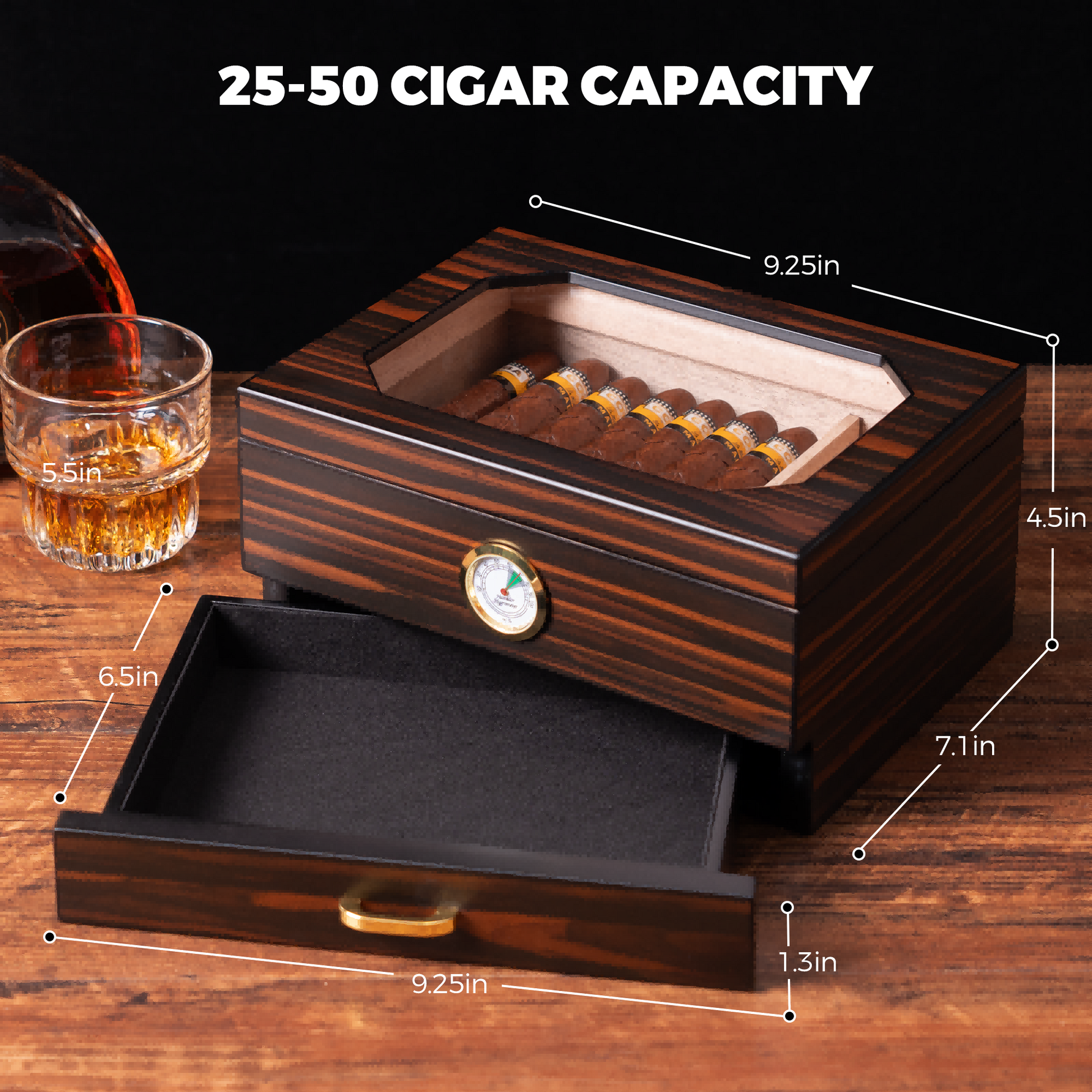 25-50 cigar capacity humidor with dimensions 9.25x7.1x4.5 inches, featuring a pull-out accessory drawer.