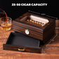 25-50 cigar capacity humidor with dimensions 9.25x7.1x4.5 inches, featuring a pull-out accessory drawer.